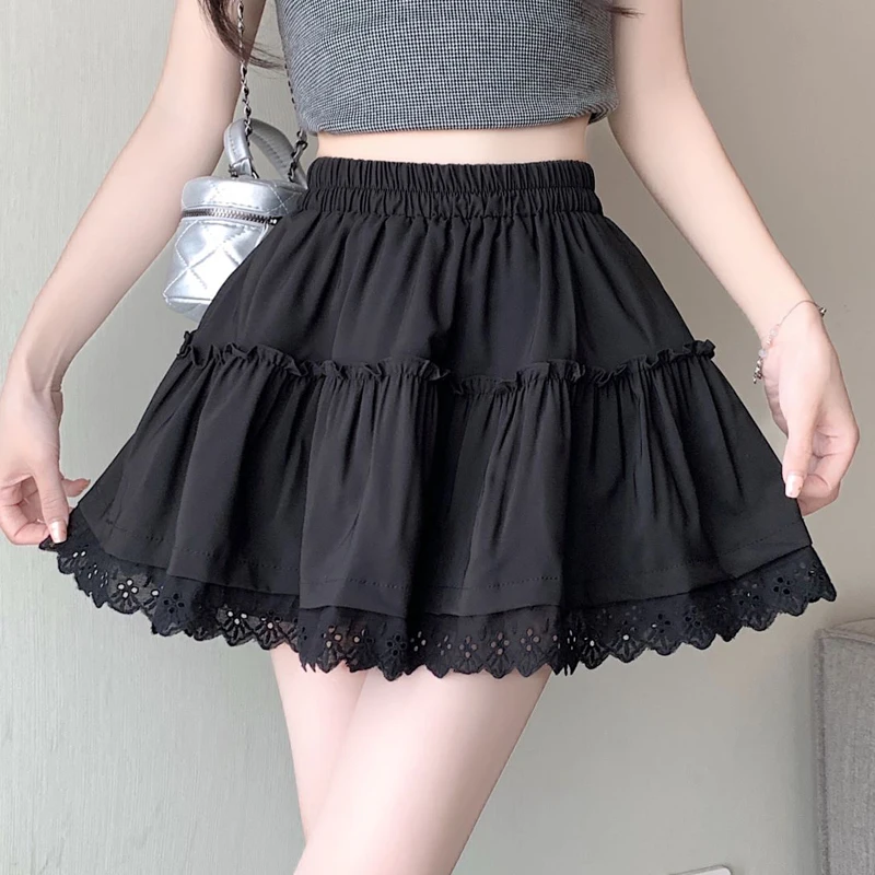 White Lace Pleated Skirt Women Japanese Kawaii Clothing Lace Patchwork Cake Mini Skirts 2024 Summer New Beach Style A-line Saias