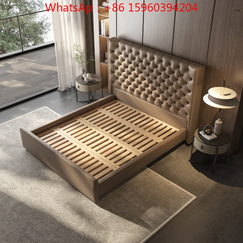 

Head layer cowhide leather bed, master bedroom, high-end atmospheric buckle bed, Italian minimalist light luxury high backrest