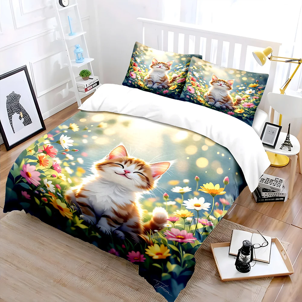 Smiling kitten in a bright flower field Print Soft Comfortable Duvet Cover Bedding Set Included 1*Duvet Cover  2*Pillowcases
