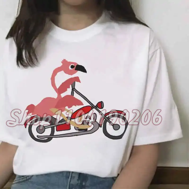 Funny T-shirt Flamingo Motorcycles Short-sleeve T-shirt Loose Design Casual Street Women's Shirt Short Sleeve Summer Clothing