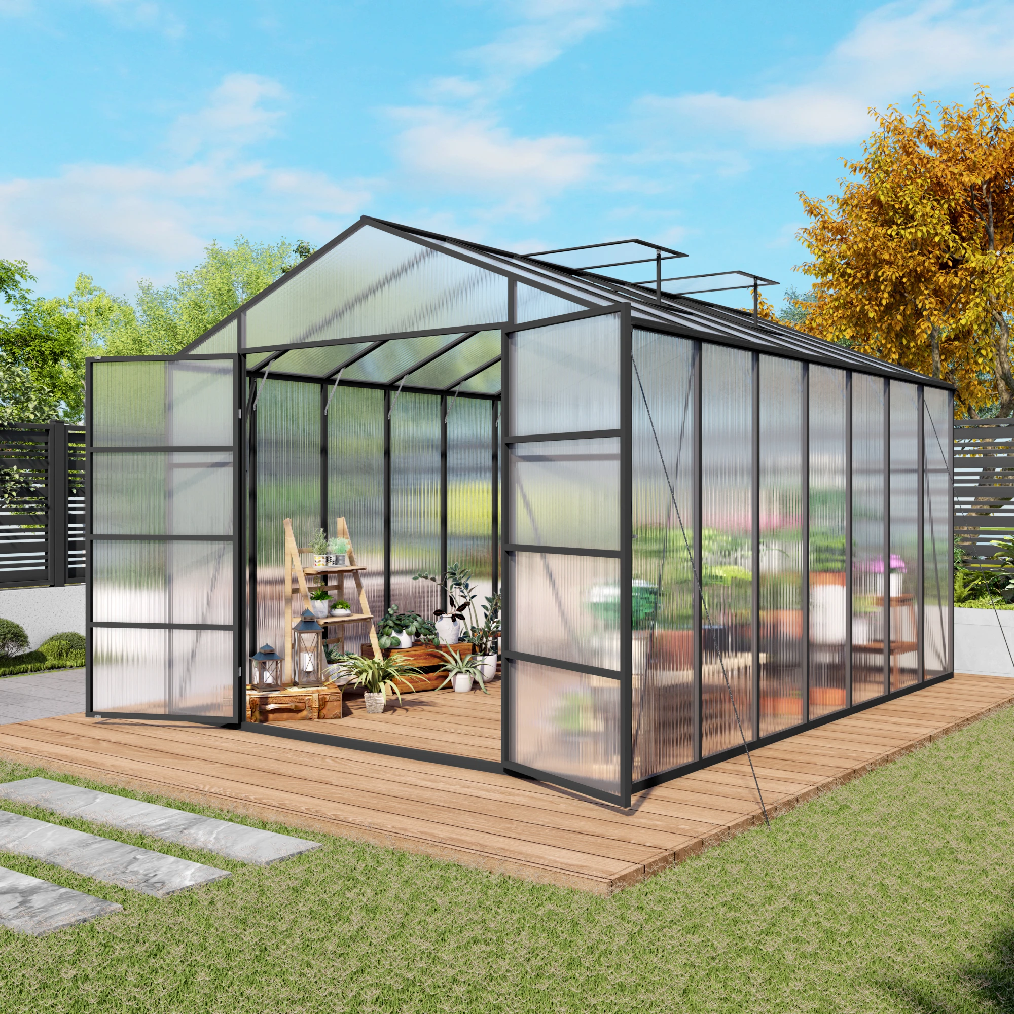 

SUSUA 10*14FT Newly Design Windproof Aluminum Greenhouse Polycarbonate black Aluminum Heavy Duty Walk-in Greenhouses for Outdoor