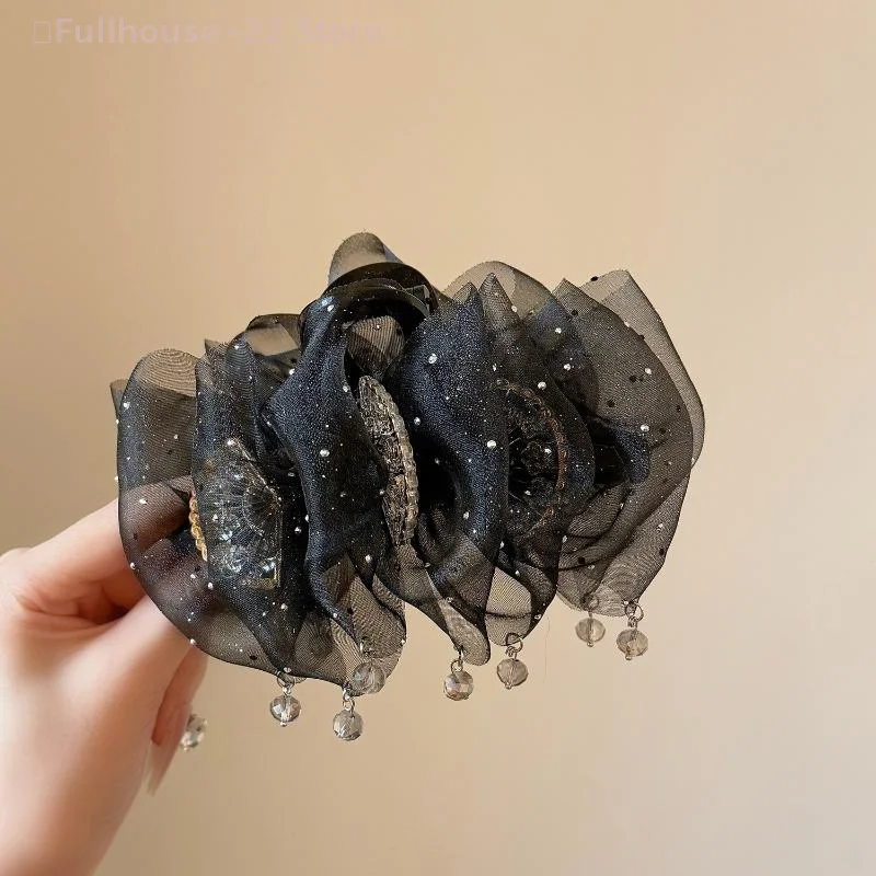 【MAX-22】Tulle Tassels Hair Claw For Women Temperament Shining Zircon Ponytail Shark Clip Princess Headdress Hair Accessories - Image 3