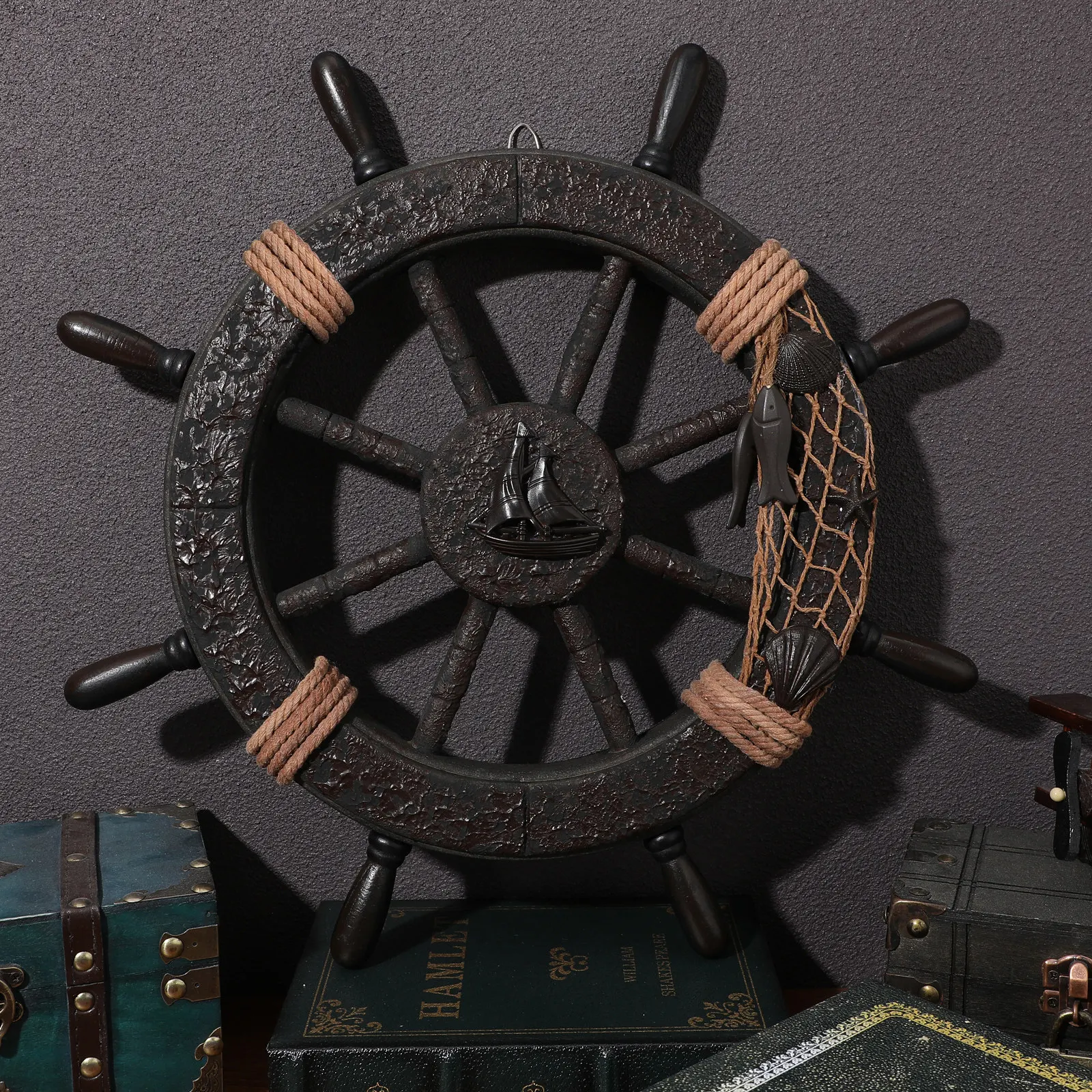 

Vintage Mediterranean Rudder Wall Hanging Wooden Nautical Ornament Blue White Rustic Home Hotel Party Ship Wheel Wall Decor