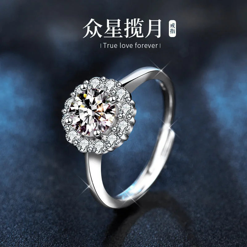 925 sterling silver sunflower ring for women, fashionable four-prong open moissanite diamond ring, simulated diamond ring
