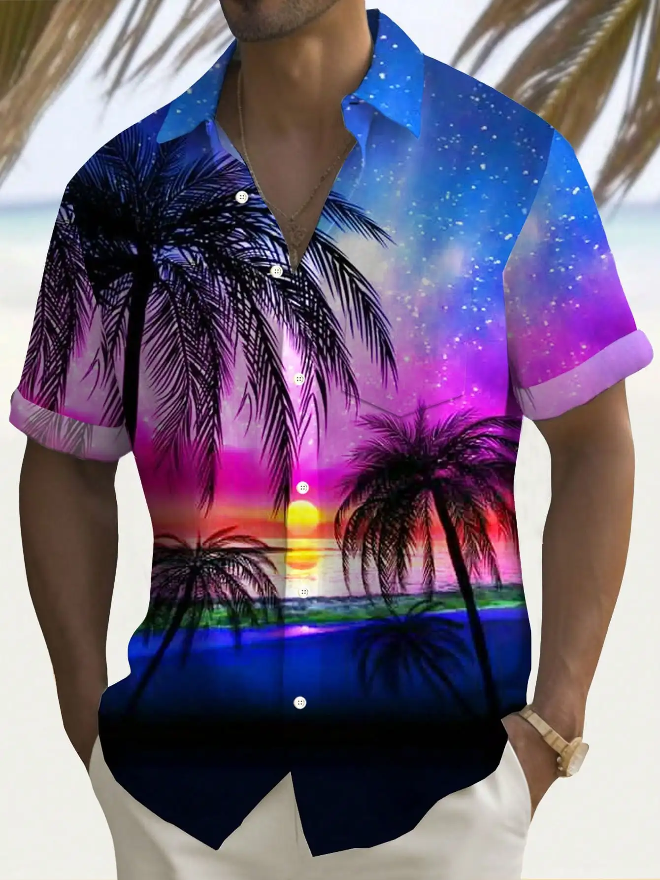 

Men's Tropical Palm Tree Sunset Print Short Sleeve Button-Up Shirt