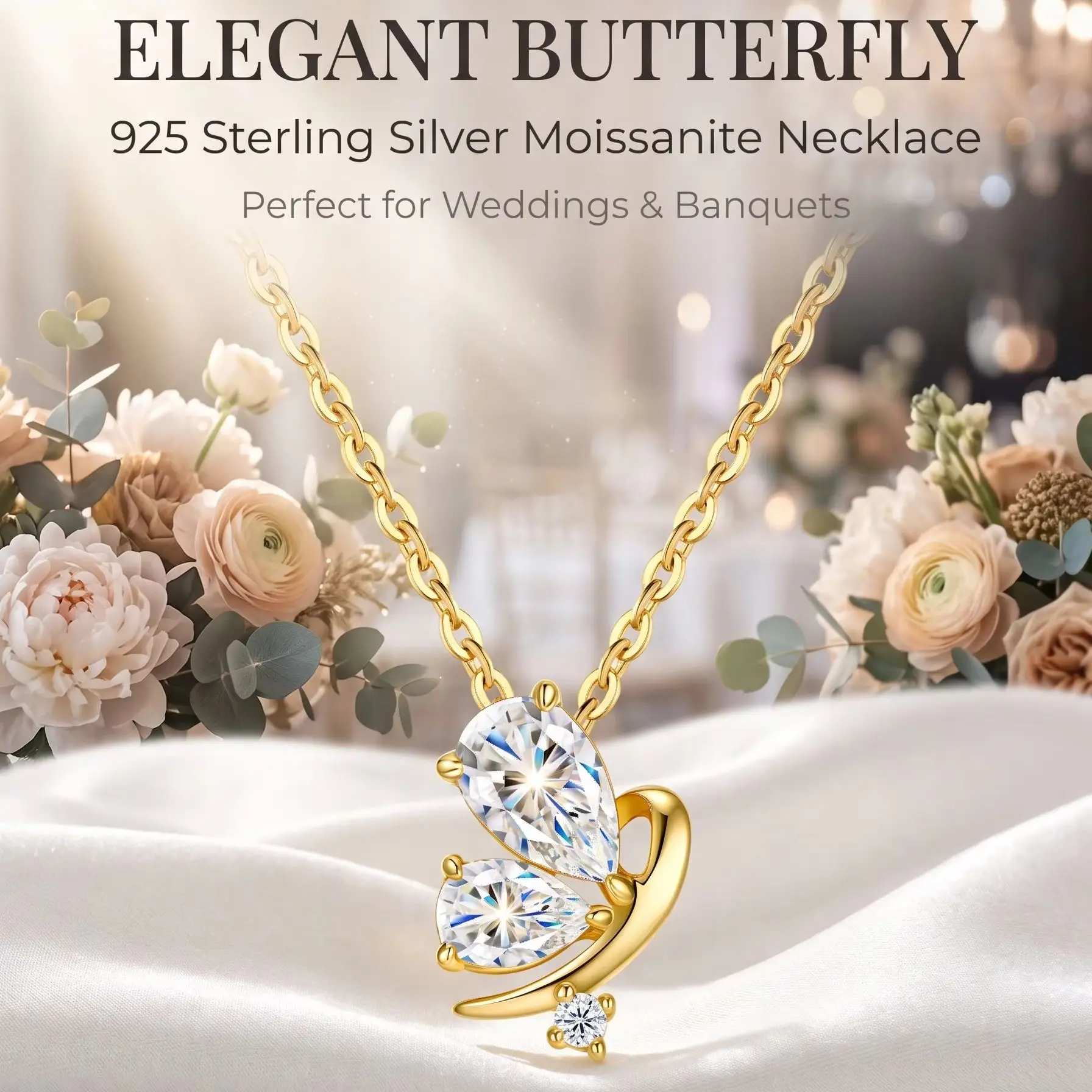 925 Sterling Silver Butterfly Moissanite Necklace Pear Teardrop Cut VVS1 D Color Lab Diamond Pendant Gold Plated Choker Fine Jew