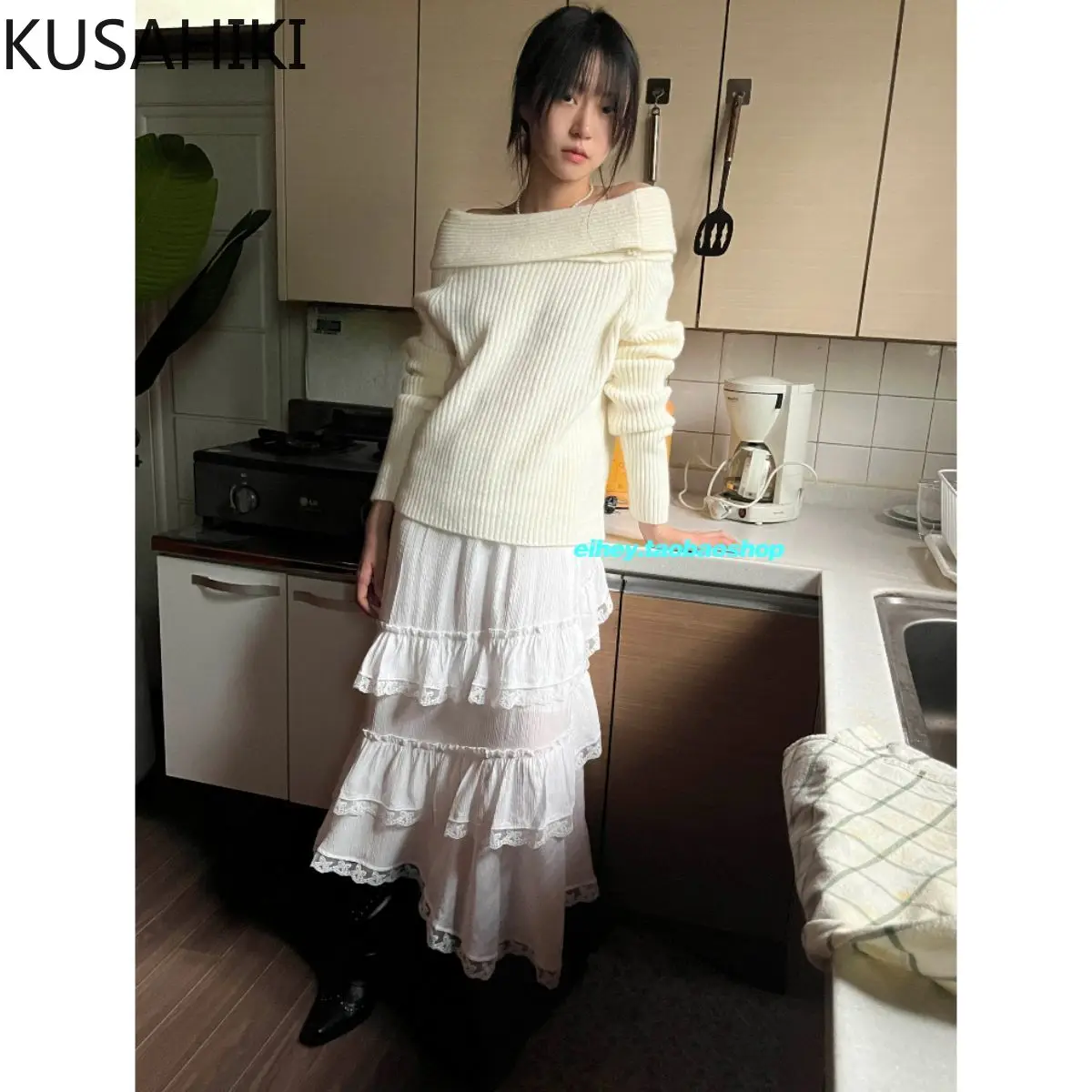 

KUSAHIKI Autumn Lace Rufflepatchwork Long Skirts Sweet Elastic High Waist Causal A-line Skirt Faldas De Mujer 2023 New Bottoms