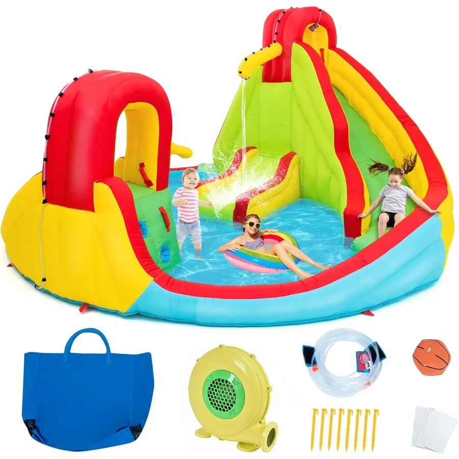Aufblasbare Wasserrutsche, aufblasbare Hüpfburg mit zwei Rutschen, Spritzbecken, Kletterwand, Wasserkanone, Wasser für den Innen- und Außenbereich