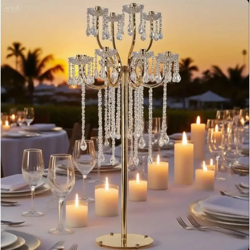

4pcs Metal Candelabra With Crystal Pendants For Luxury Wedding Birthday Table Centerpieces Home Aisle Flower Arch Decoration
