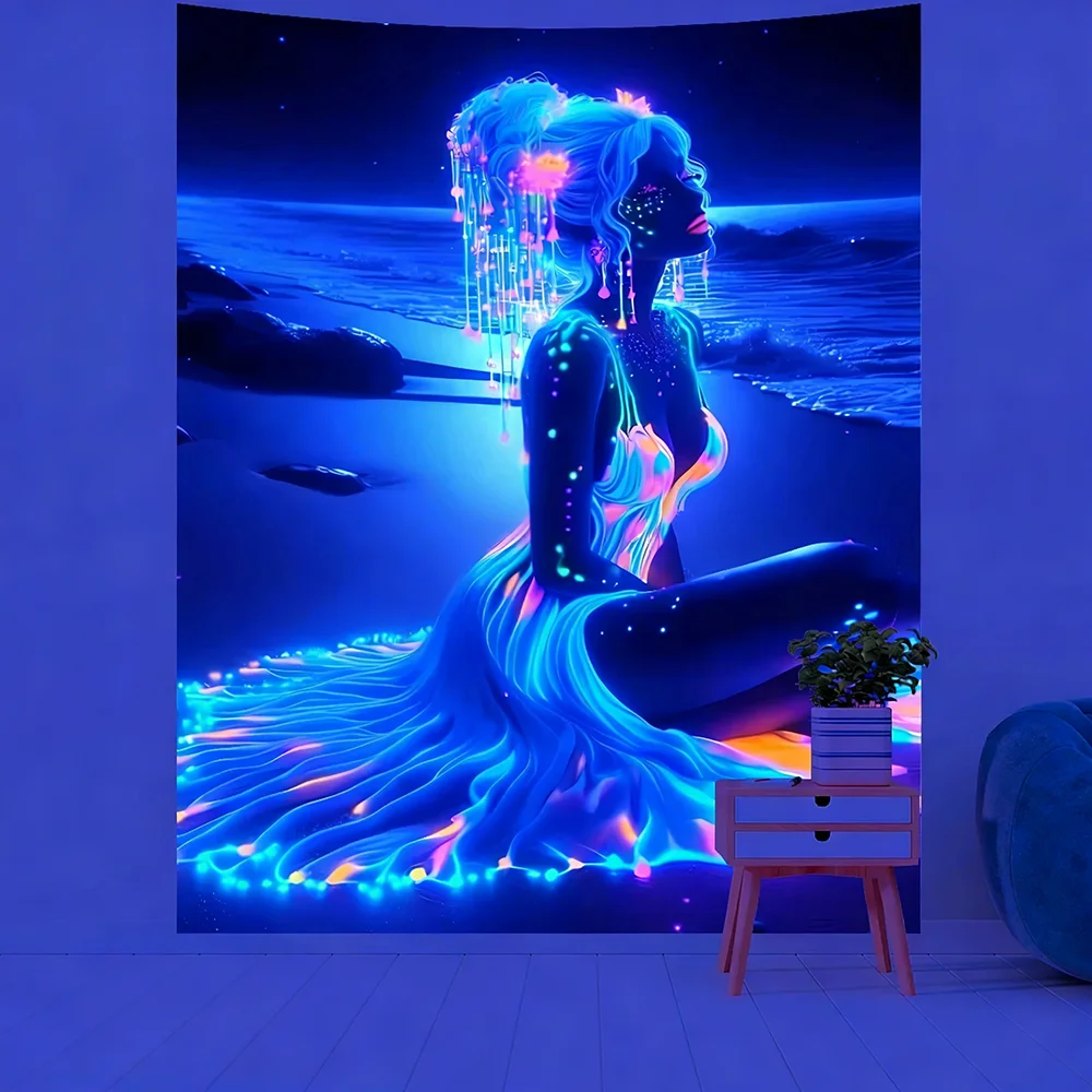 Glowing Woman Tapestry for Nighttime Ambiance UV reaction tapestry background decoration wall hanging bedroom party decoration