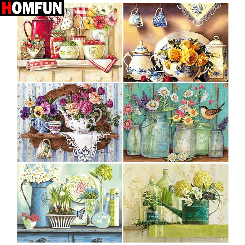 HOMFUN-Pintura Diamante com Praça cheia e redonda Diamante Bordado, Imagem de Decoração Rhinestone, Flor Vaso Garrafa