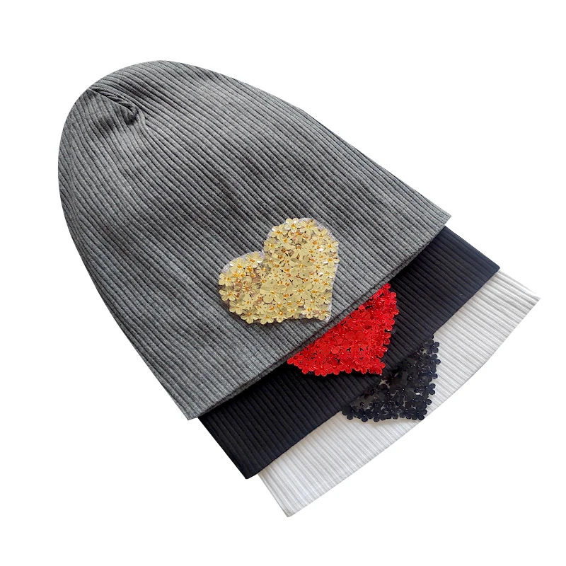 Geebro Fashion Women Oversized Flower Sequin Heart Ribbed Beanies Hat Caps New Elastic Slouch Cotton Stretch Baggy Bonnet Femme