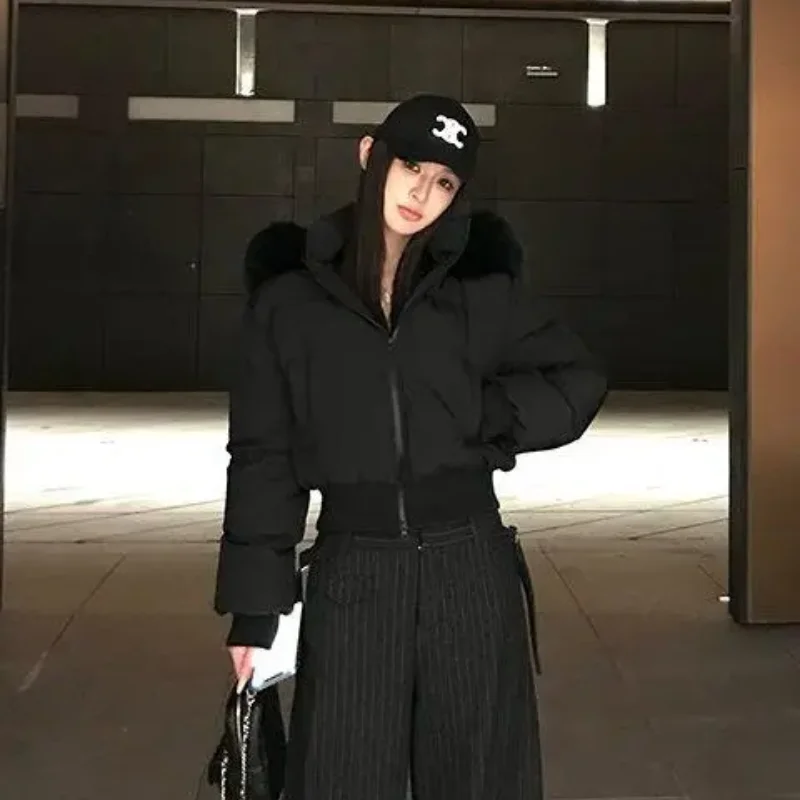 American retro zipper cardigan spicy girl slim fit cotton jacket autumn and winter hooded thick fur collar warm women's top