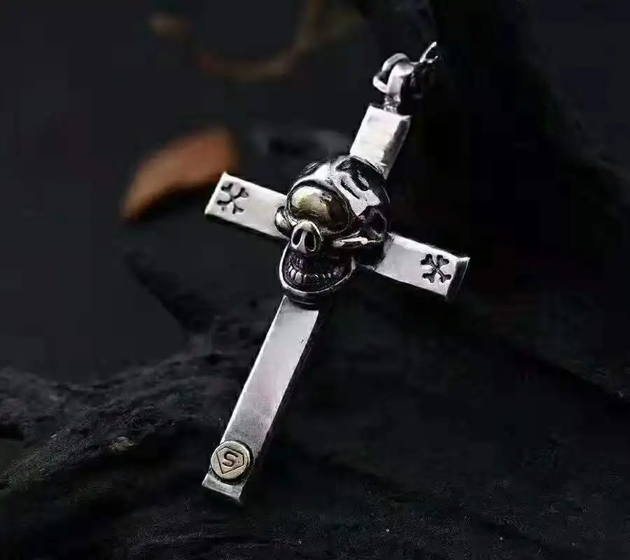 Japanese and Korean pure silver vintage cross skull pendant Gothic exaggerated jewelry trendy man Thai silver necklace