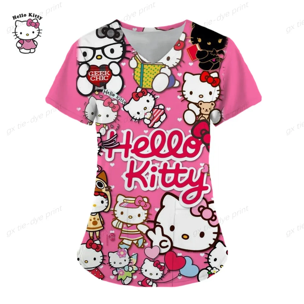 

Hello Kitty Scrubs Medical Uniforms Woman Hello Kitty Cartoon Printed Nurse Tops Pet Groom Uniform Short Sleeve Carer Clothes