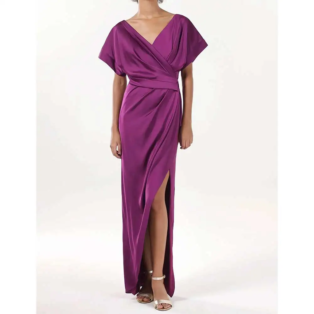 

Elegant V-Neck Short Sleeve Pleated Side-Slit Evening Dress for Women Prom Party Dress Bridesmaid's Dresses فساتين سهرة