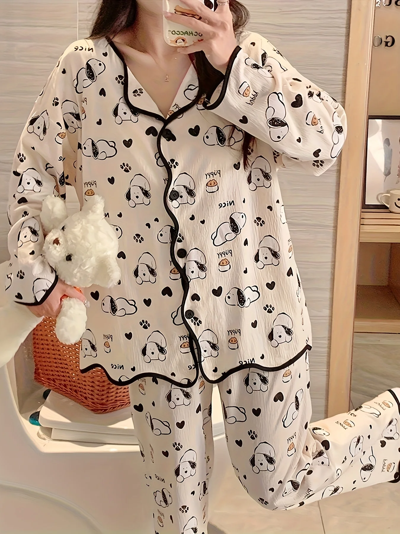 

High - aesthetic - appeal women's long - sleeve pajamas with lovely cartoon dog prints, contrast - colored piping, and a soft, c