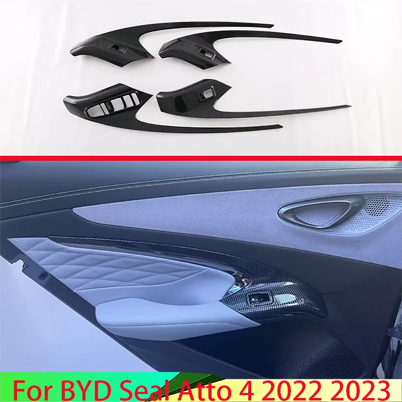 For BYD Seal Atto 4 EV 2022 2023 Car Accessories Carbon Fiber Style Door Window Armrest Cover Switch Panel Trim Molding Garnish