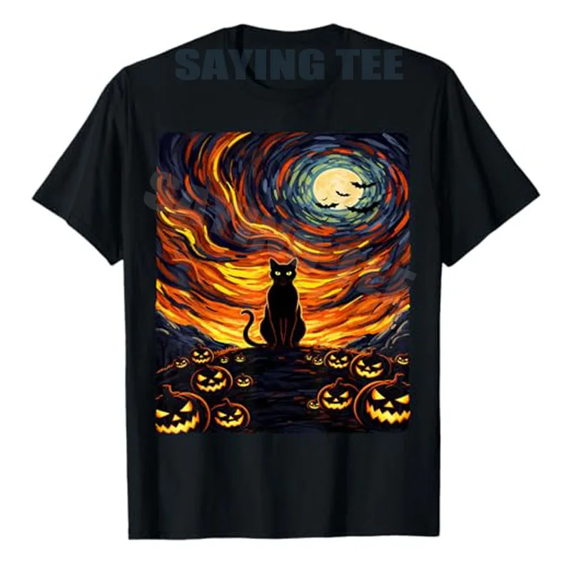 

Halloween Black Cat Costume Van Gogh Starry Night Men Women T-Shirt Spooky Trick or Treat Tee Y2K Fashion Novelty Saying Tee Top