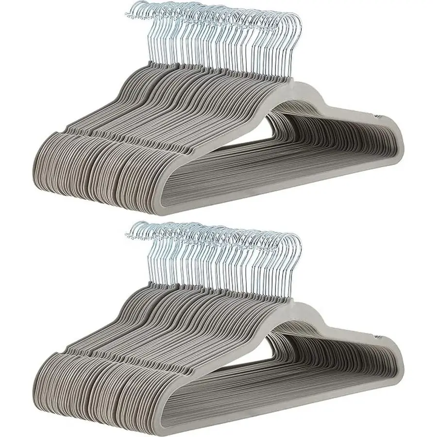 

Slim, Velvet, NonSlip, Durable Suit Clothes Hangers for Closet, Coats, Pants, Shirts, Gray Silver, Pack of 100
