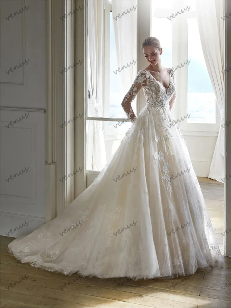 Exquisitos Vestidos De Novia De línea A, Vestidos De Novia Vintage, Apliques De encaje, mangas completas, Vestidos glamorosos De Novia personalizados 2025