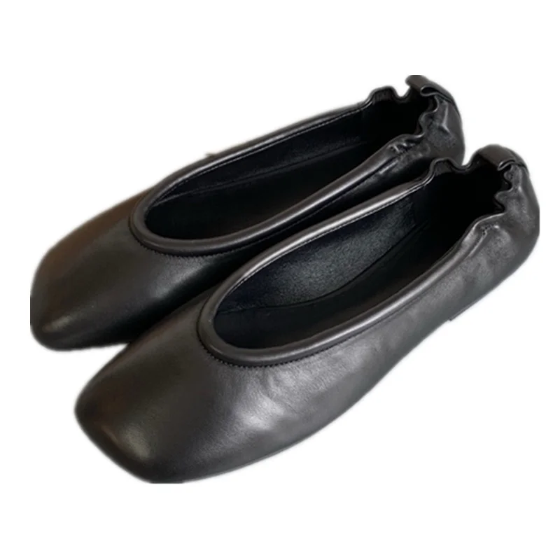

Withered Minimalist Women's Loafers For Commuting Leisure Genuine Leather Flat Shoes Metallic feel Pleated Elastic Ballet Shoes
