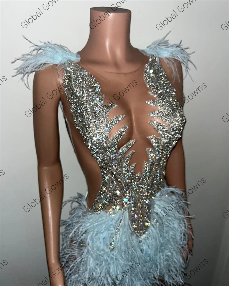 Vestidos de graduación cortos de cristal con cuentas de plata de lujo, niñas negras, brillantes, bebé, azul, pluma de diamantes de imitación, fiesta de cóctel de cumpleaños