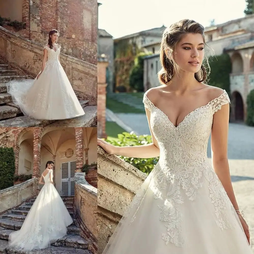 Vestido de noiva linha a, vestido da moda para casamento, sensual, com as costas abertas, apliques para jardim, que varre