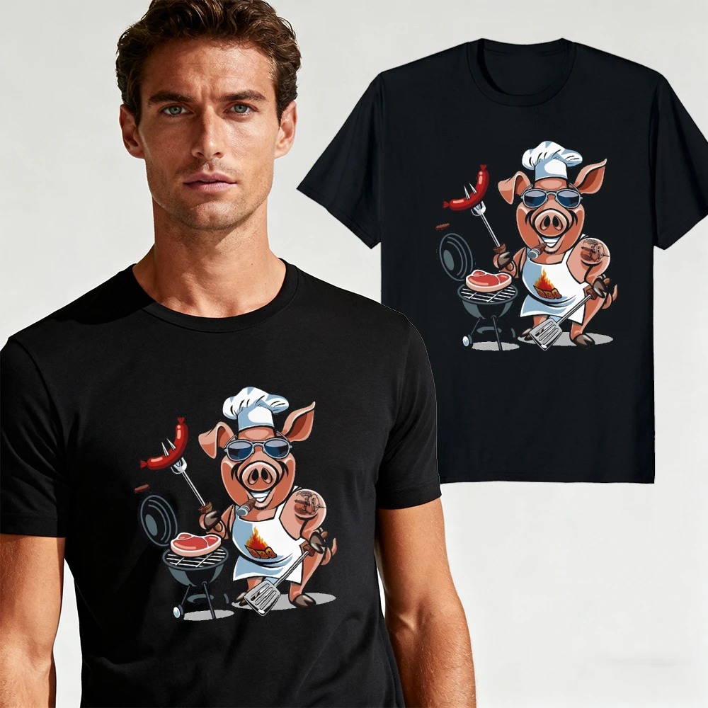 Cool Chef Pig Grilling Sausage Steak Cartoon Graphic Men Summer T Shirt Backyard BBQ Party Funny Food Short Sleeve Top