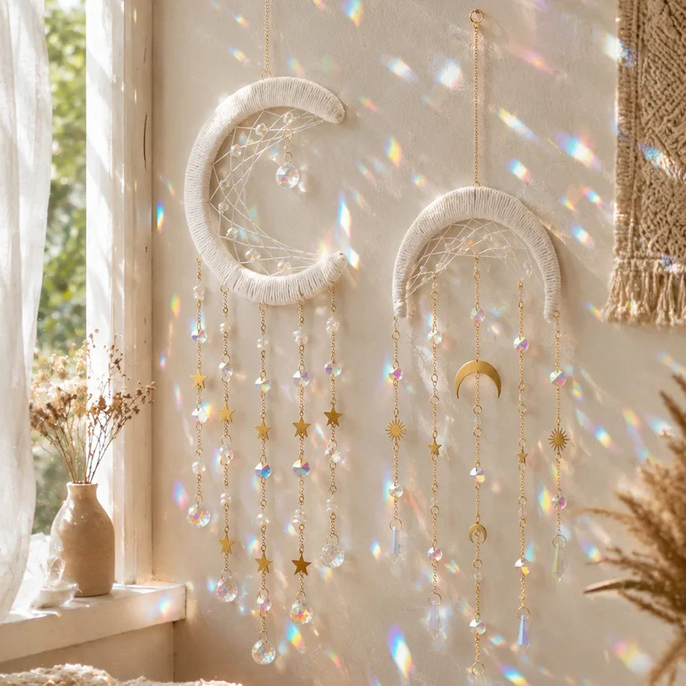 Handwoven Crescent Moon  Dreamcatcher Wall Hanging,Star Prism Pendant Light Catcher Boho Wall Art For Bedroom Window Decor