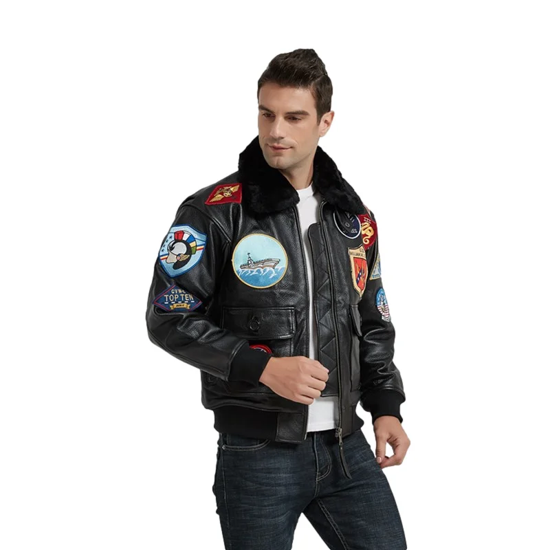 Maverick Black Top Gun Autumn Men's Jacket Military Style American Size Real Cowhide Winter Warm Aviation Genuine Leather Coats