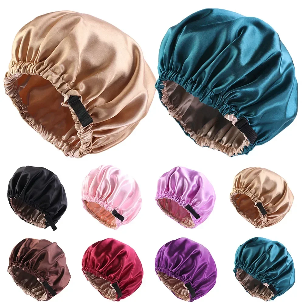 New Solid Women Satin Bonnet Sleeping Caps Silky Turban Sleep Night Cap Headwrap Hat Hair Care Wrap Scarf Adjust Button Headwear