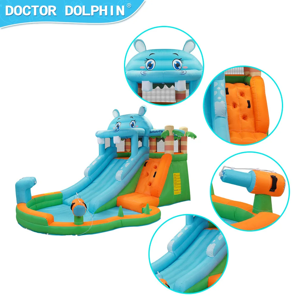 Doctor Dolphin Inflatable Water Slide With Water Spray GUN Bouncy House Castle With Blower Kids Summer Toys With Blower