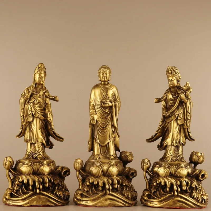 Amitabha Buddha, Mahasthamaprapta , Guanyin Bodhisattva ornaments, brass Western Three Saints crafts, home worship Bu