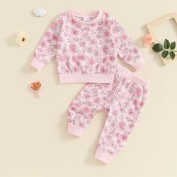 2024-05-23 Lioraitiin Toddler Girl Fall Outfits Floral Print Crew Neck Long Sleeve Sweatshirts and Long Pants 2Pcs Clothes Set