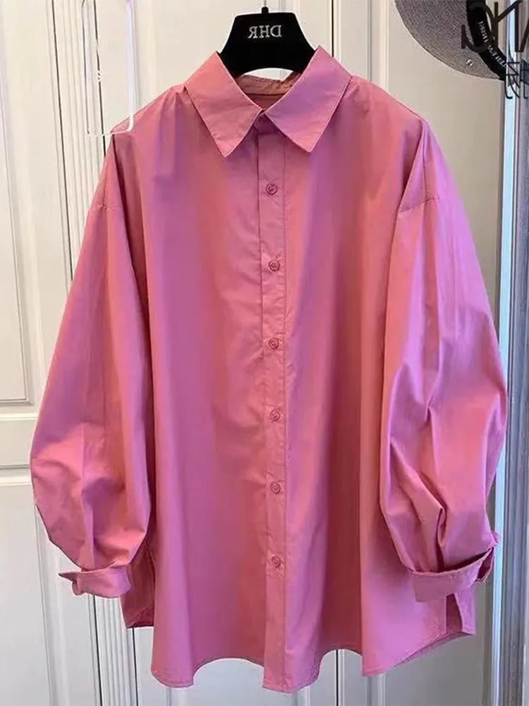 

Casual Long Sve Collar irt for Women Simple Base Layer Pink Large Size Button up Casual Wear Spring 2023 Loose Fit