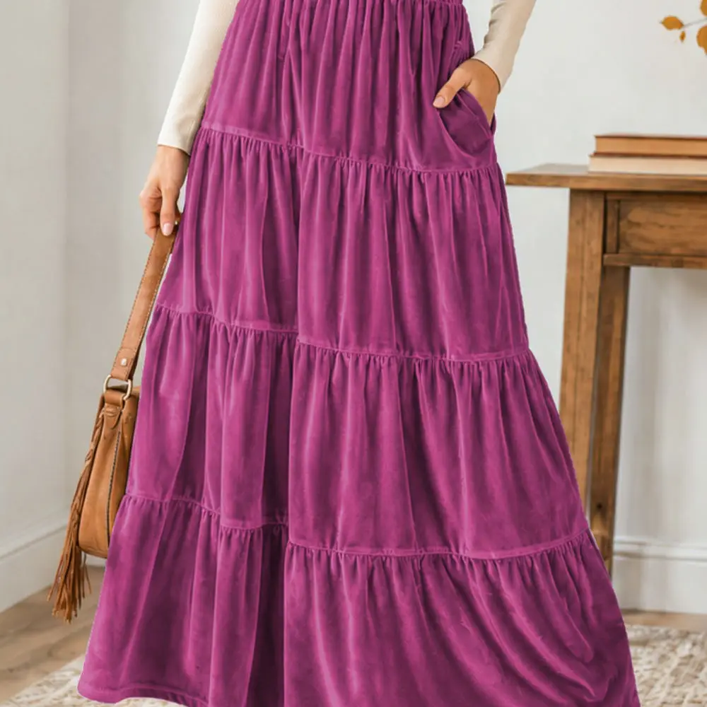 Elegant Velvet Pleated Skirt Women Casual High Waist Flowy Long Midi Skirt Soft Comfortable Solid Color Daily Apparel