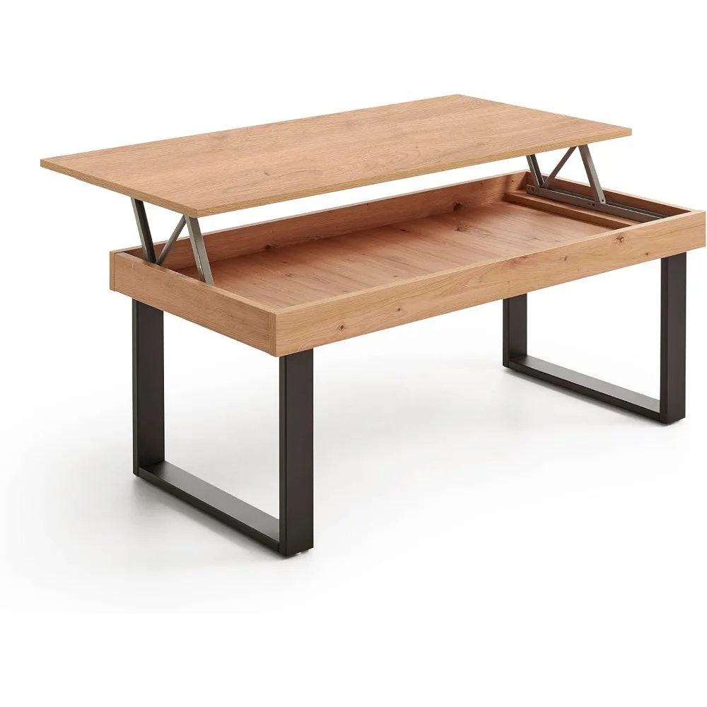 Mesa Centro Elevable Con Almacenaje، Color Mara Roble. ميديداس: 100 سم × 50 سم × 47 سم.