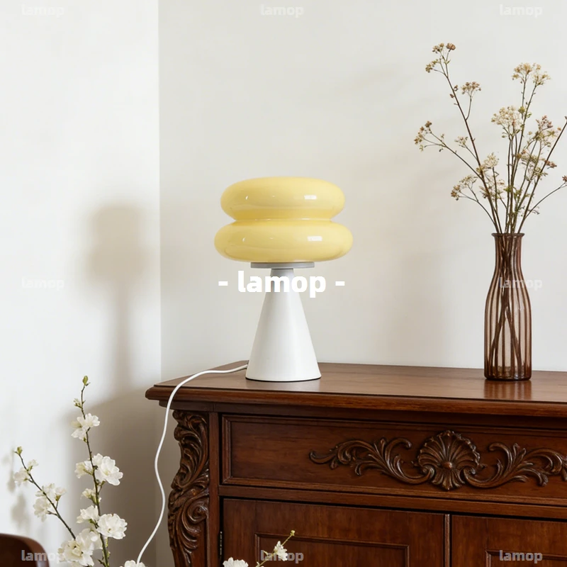 Cream‑Style Glass Egg‑Tart Lamp for Bedroom Bedside Vintage table lamp coffee shop Atmosphere Night Light - view 6