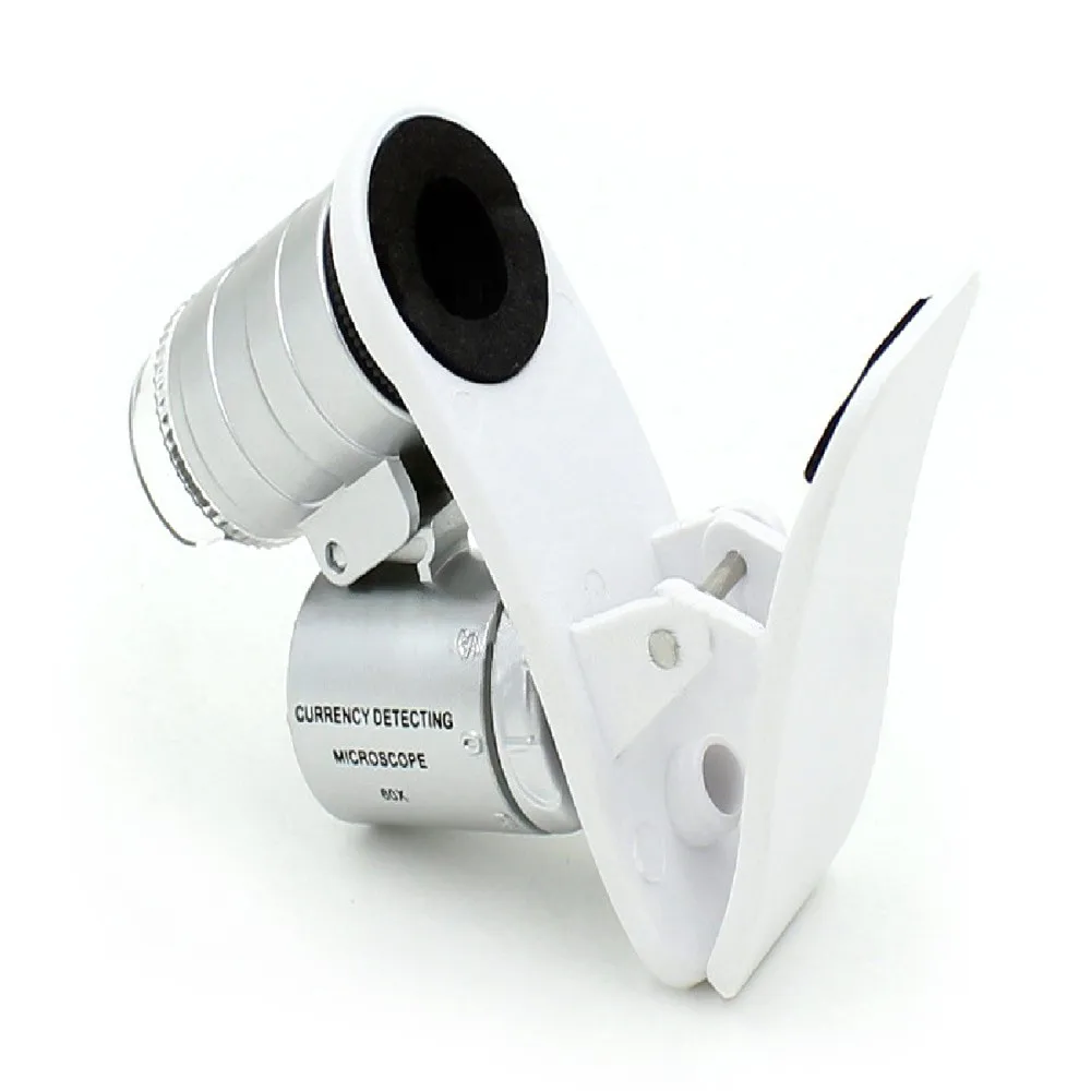 60X Clip-On Phone Camera Magnifier Silver Portable Mini Microscope with LED/UV Lights for Universal Smartphone