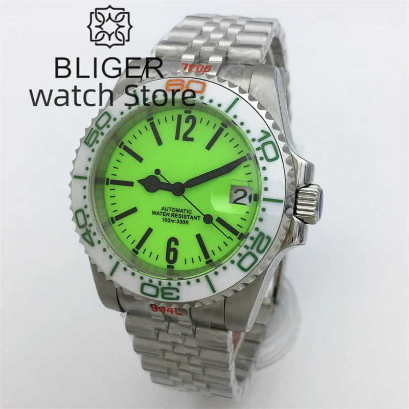 BLIGER 40mm fluorescent green all-luminous dial sapphire glass Japan NH35 Automatic Men\'s Watch Date 10ATM Diver rotating bezel