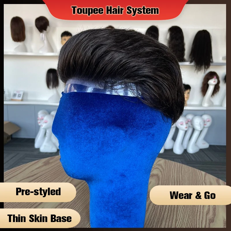 Thin Skin Men Toupee Pre Styled Slicked Back 0.04mm 0.06mm Human Hair Men Wig Hair Replacement Systems Hair Piece Protesis Male