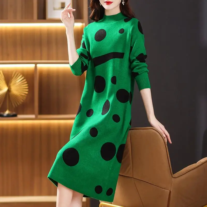 Vintage Polka Dot Printed Dresses Casual Half High Collar Autumn Winter A-Line Women\'s Clothing Long Sleeve Knitted Midi Dress