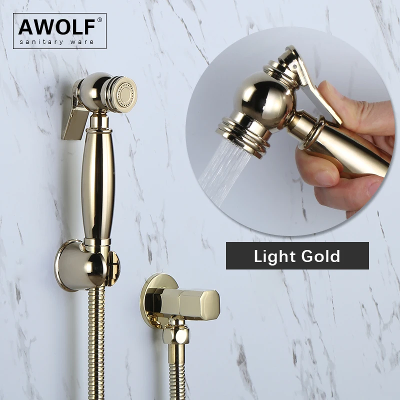 Awolf Shiny Light Gold Toilet Bidet Sprayer Solid Brass Handheld High Pressure Hygienic Shower Head Bidet Faucet Set AP2351