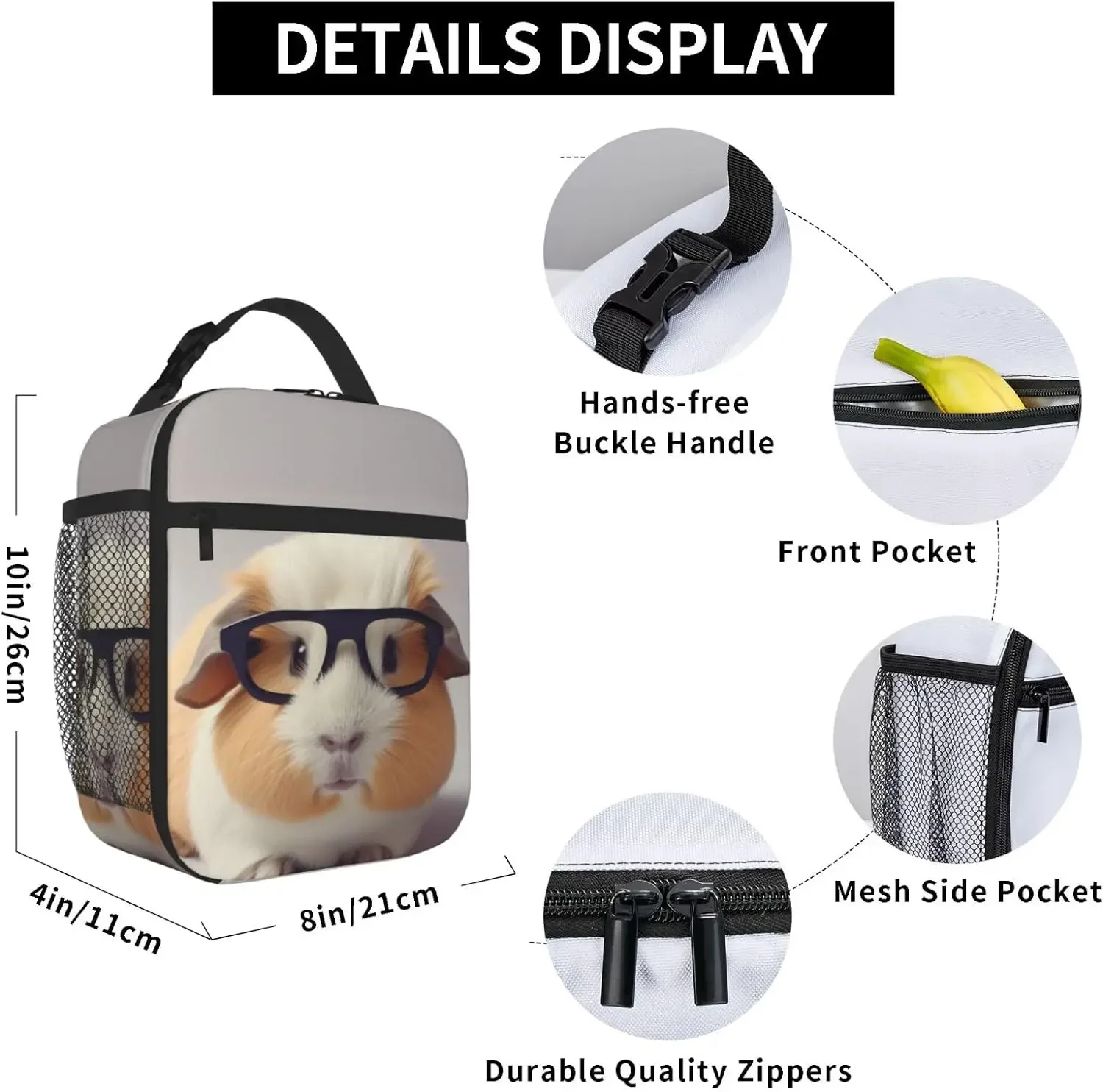 Guinea Pig With Glasses Insulated Lunch Box Leakproof Lunch Cooler Reusable Funny Lunch Tote for Adult with Side Pockets Picnic