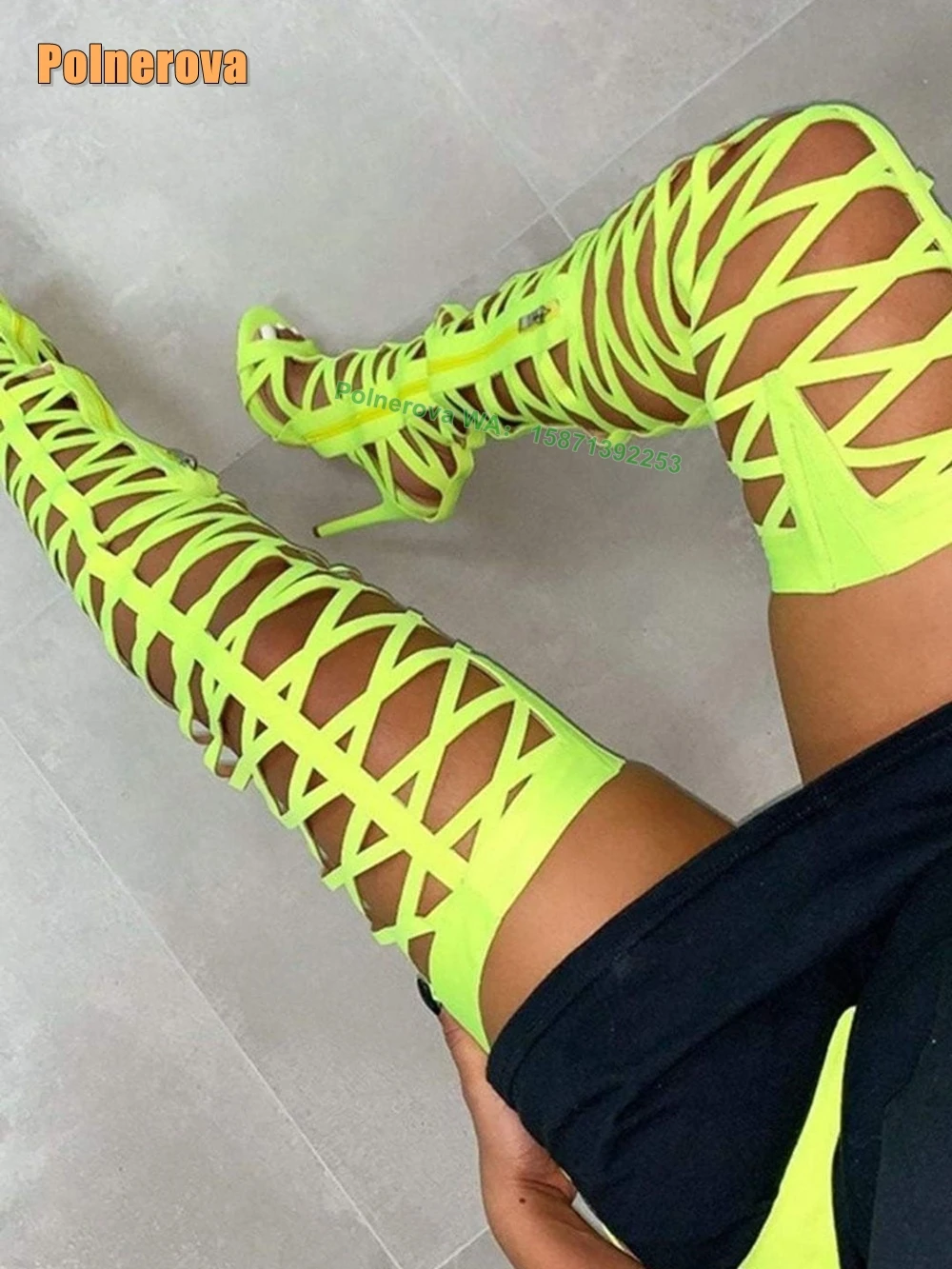 

Hollow Out Neon Yellow Women Sexy Gladiator Open Toe Thin Heel Side Zip Solid Large Size Thigh High Boots 2024 New Style Summer