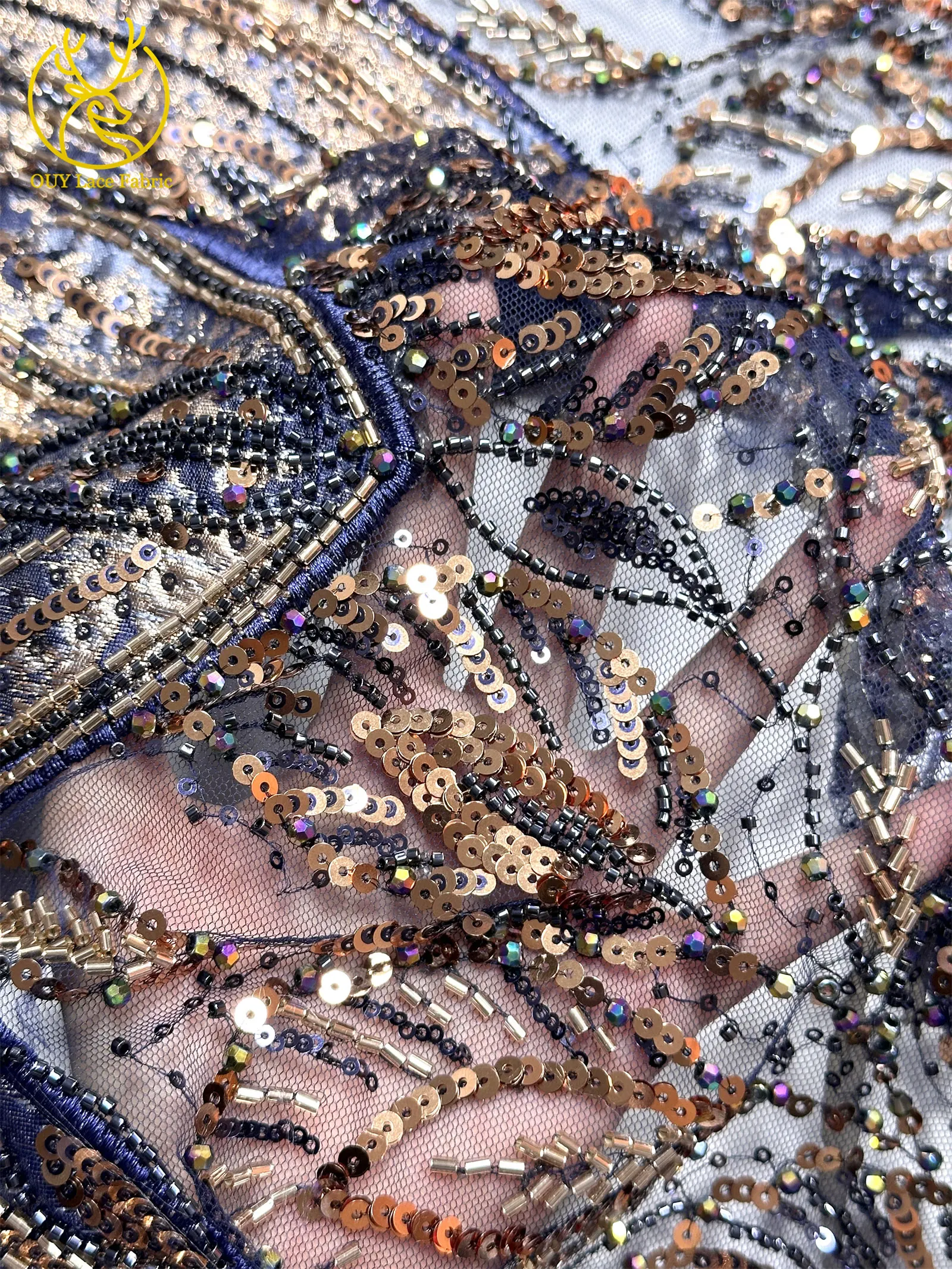 2026 Luxuriöser afrikanischer Chiffon-Spitzenstoff mit schweren Perlen, lila nigerianischer Pailletten-Spitzenstoff, geeignet für Damen-Partykleider – Detail 7