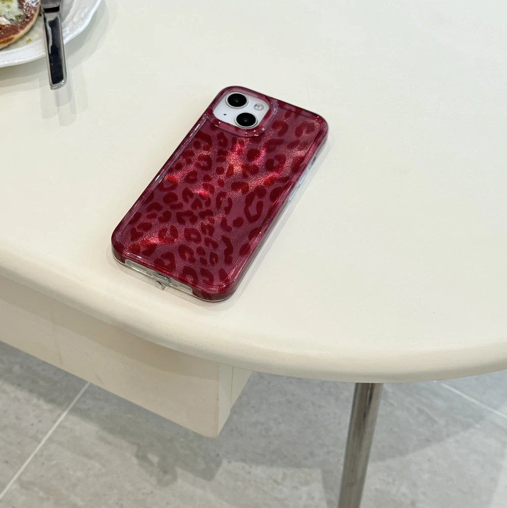 Retro Illusory Color Red Leopard Print Glitter Shockproof Protective Phone Cover Case for iPhone 16 15 14 13 12 Pro Max