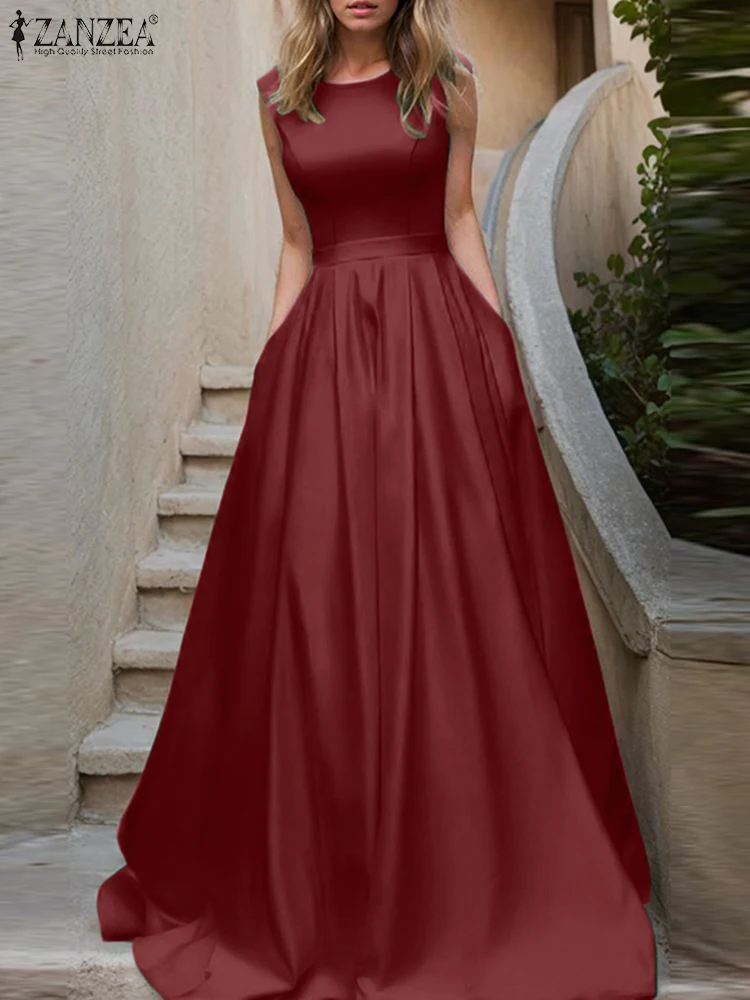 2025 zanzea elegante cintura festa vestido de verão feminino cetim seda maxi vestidos moda mangas tanques robe elegante férias vestido longo