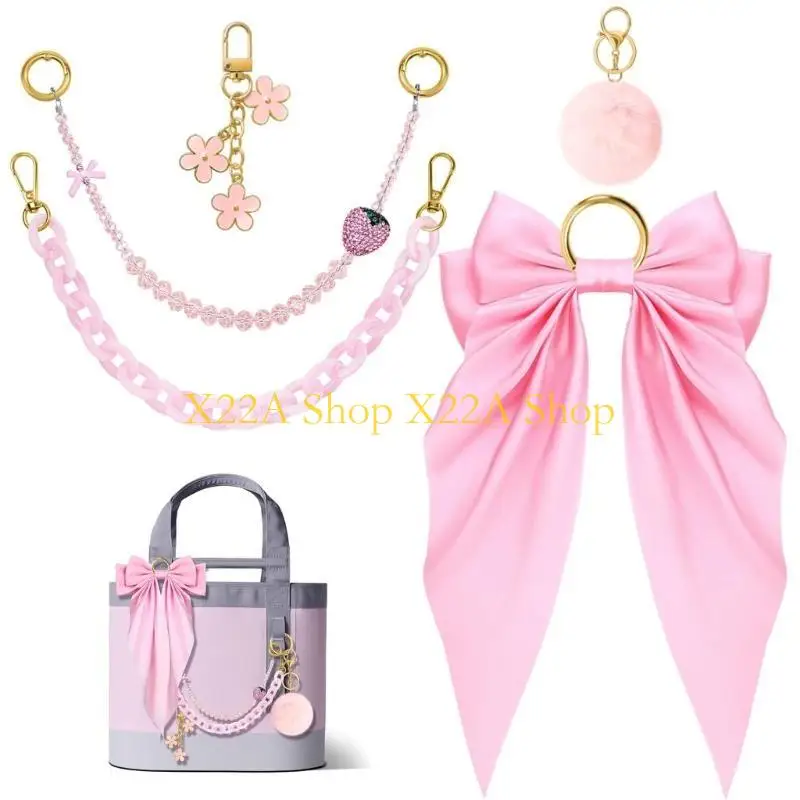Unique Pack of 5 Soft Plush Ball Keychain Decorations Bowknot Pearls Chains for Bags and Keys